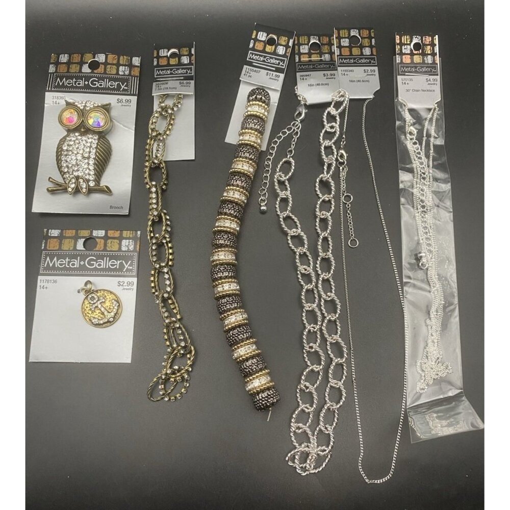 Metal Gallery Jewelry Craft Lot of 7 Pcs NOS 2007 Owl Brooch Bracelets Necklaces